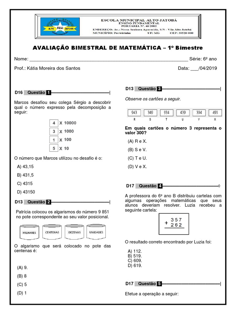 Exercicios De Matematica 6 Ano 2 Bimestre