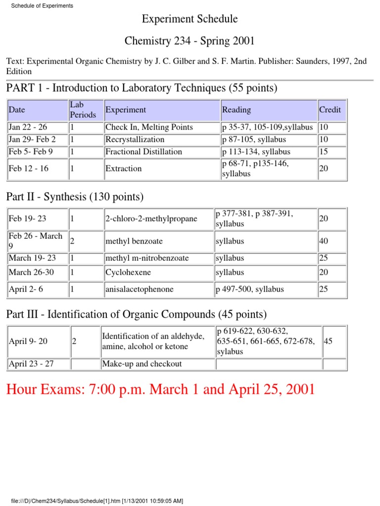 Chem 234 Organic Chemistry Lab Schedule | PDF | Physical Sciences ...