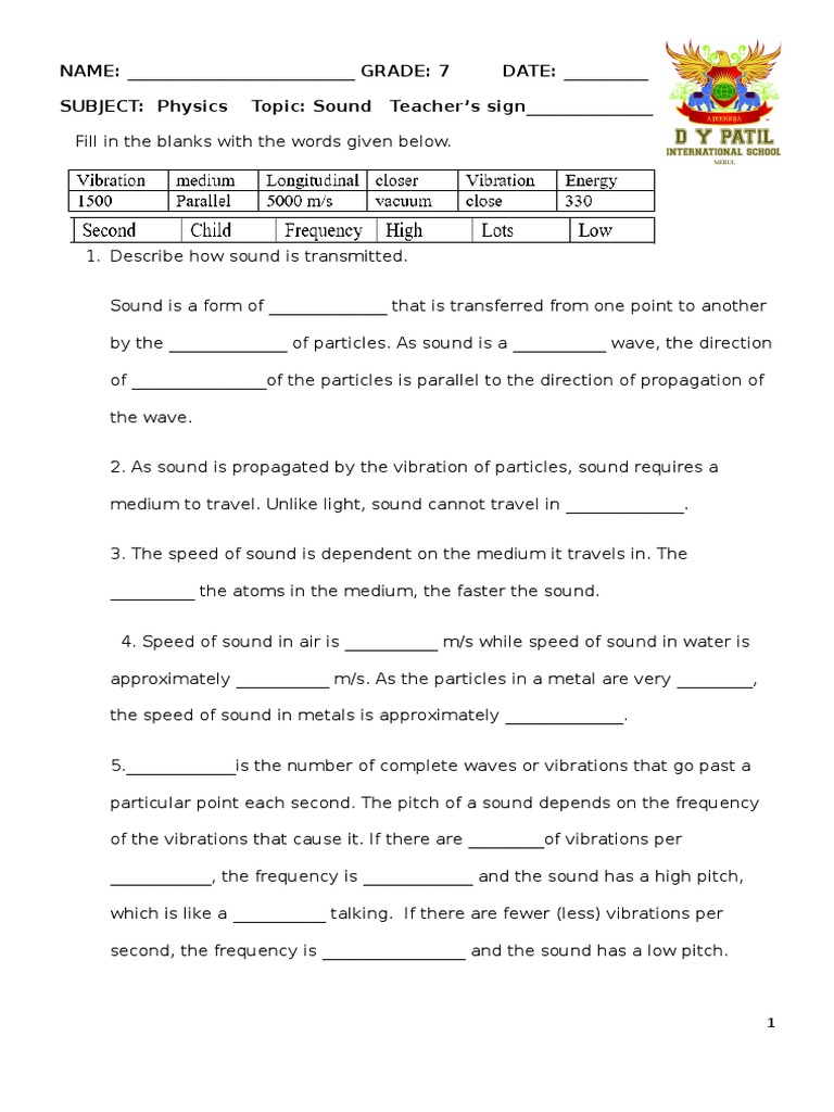 sound revision worksheet pdf sound waves