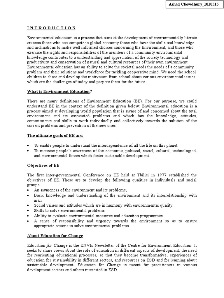 Importance of Environmental Education | PDF | Curriculum | Sustainability