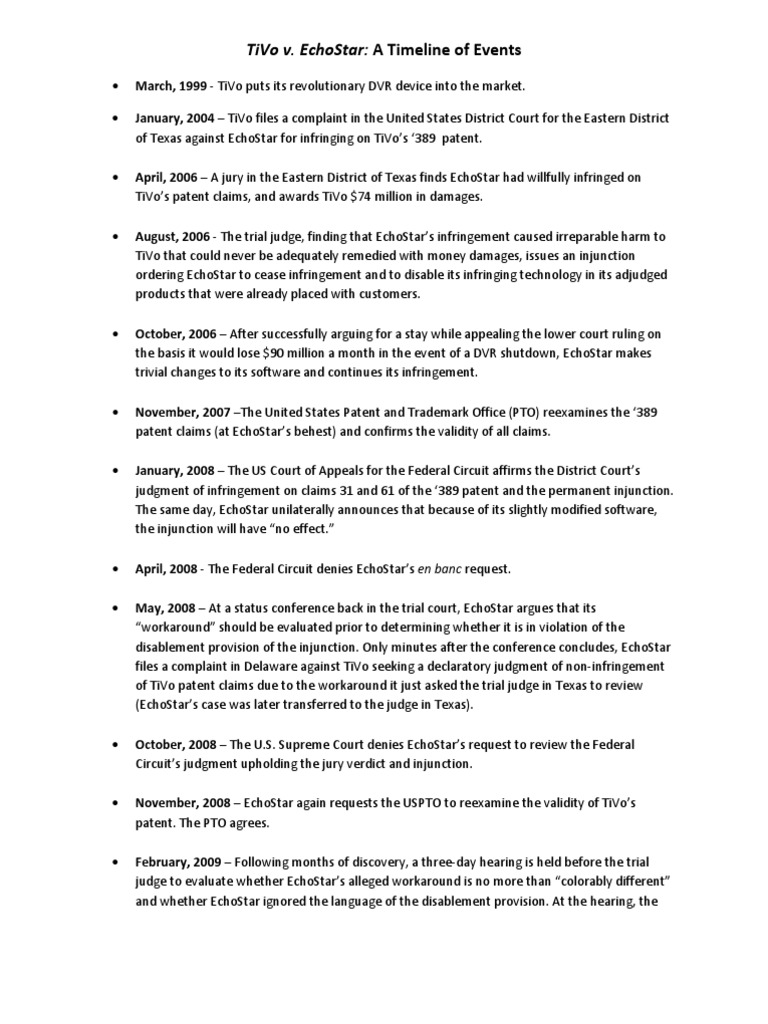 TiVo V EchoStar A Timeline of Events PDF Injunction Judiciaries