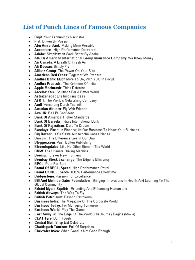 List of Punch Lines of Famous Companies PDF Companies