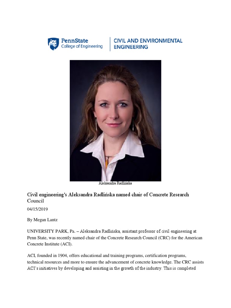 Civil Engineering's Aleksandra Radlińska Named Chair of Concrete ...