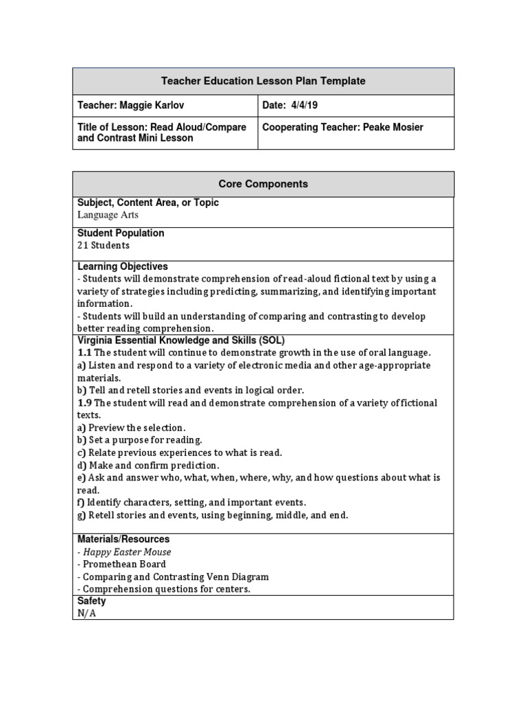 Read-Aloud Comprehension Lesson Plan | PDF | Reading Comprehension ...