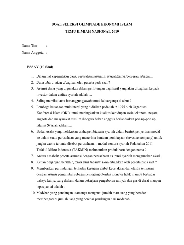 Soal Essay Seleksi Olimpiade Ekonomi Islam