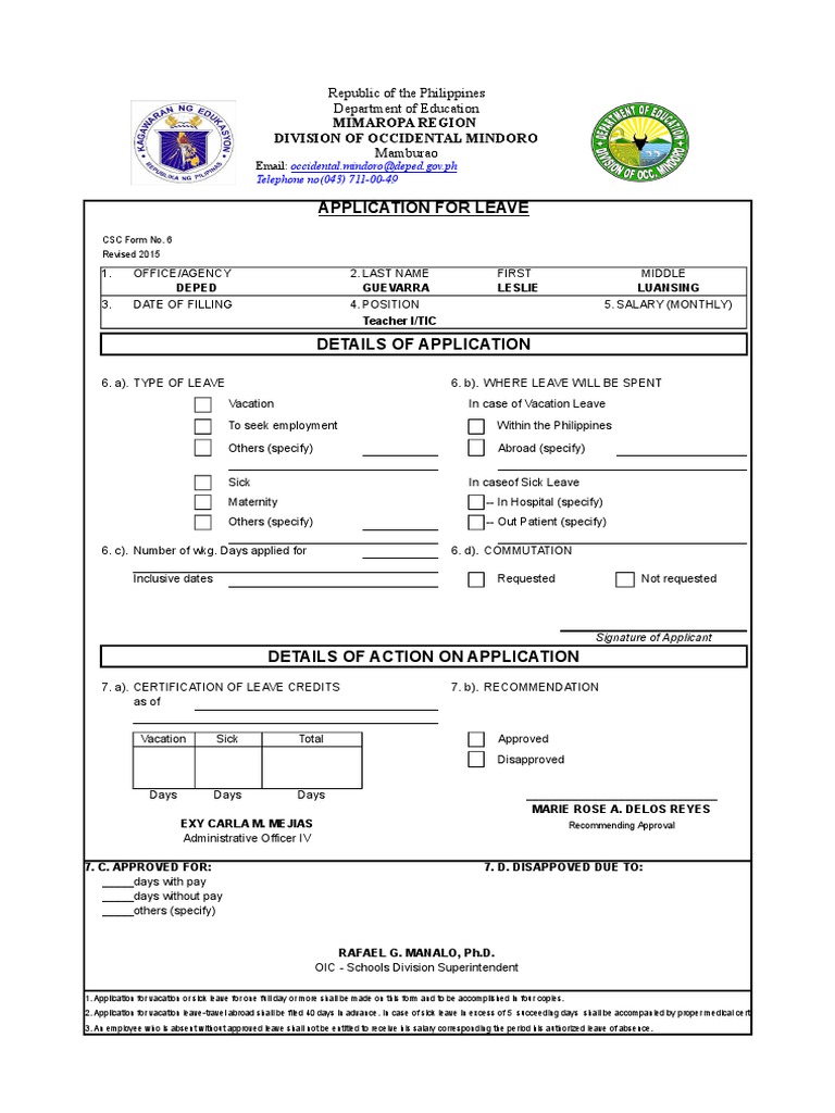 DepEd Form 6 Leave Application Guide | PDF | Leave Of Absence | Sick Leave