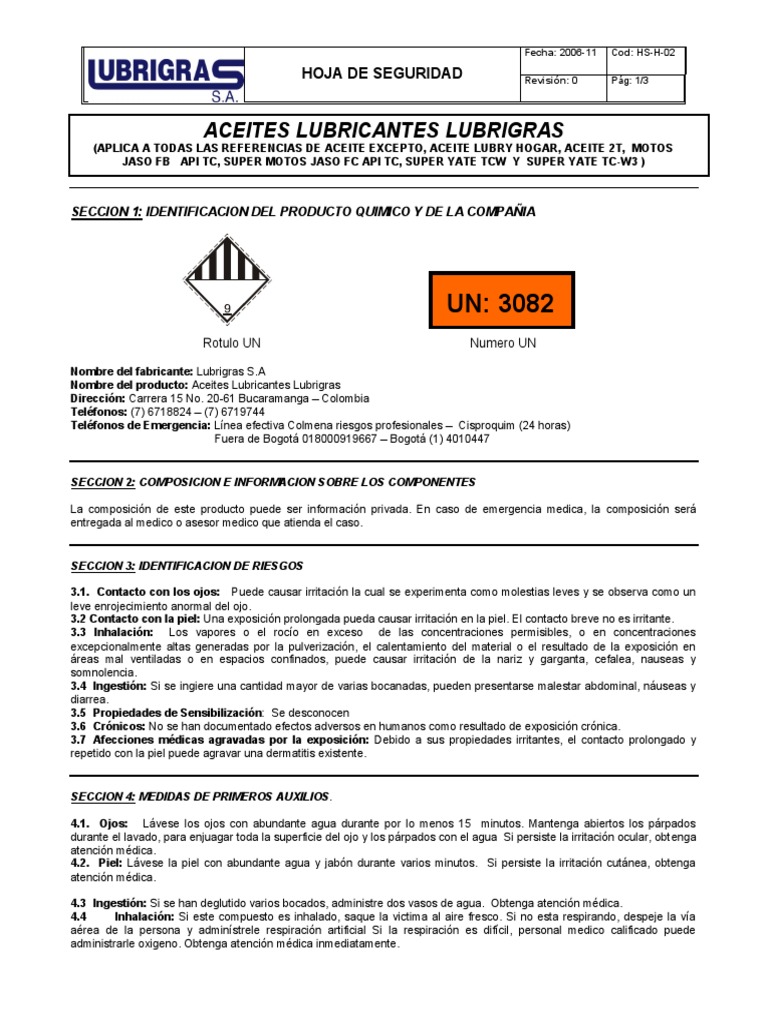 MSDS Tgmo Ci4 15W40 Aceite De Motor 2022 PDF Agua, 49 OFF