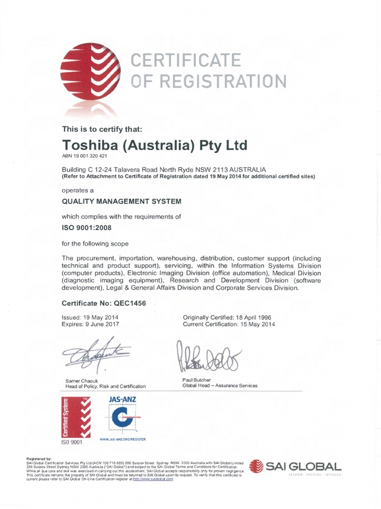 Certificate of Registration: Toshiba (Australia) Pty LTD | Download ...