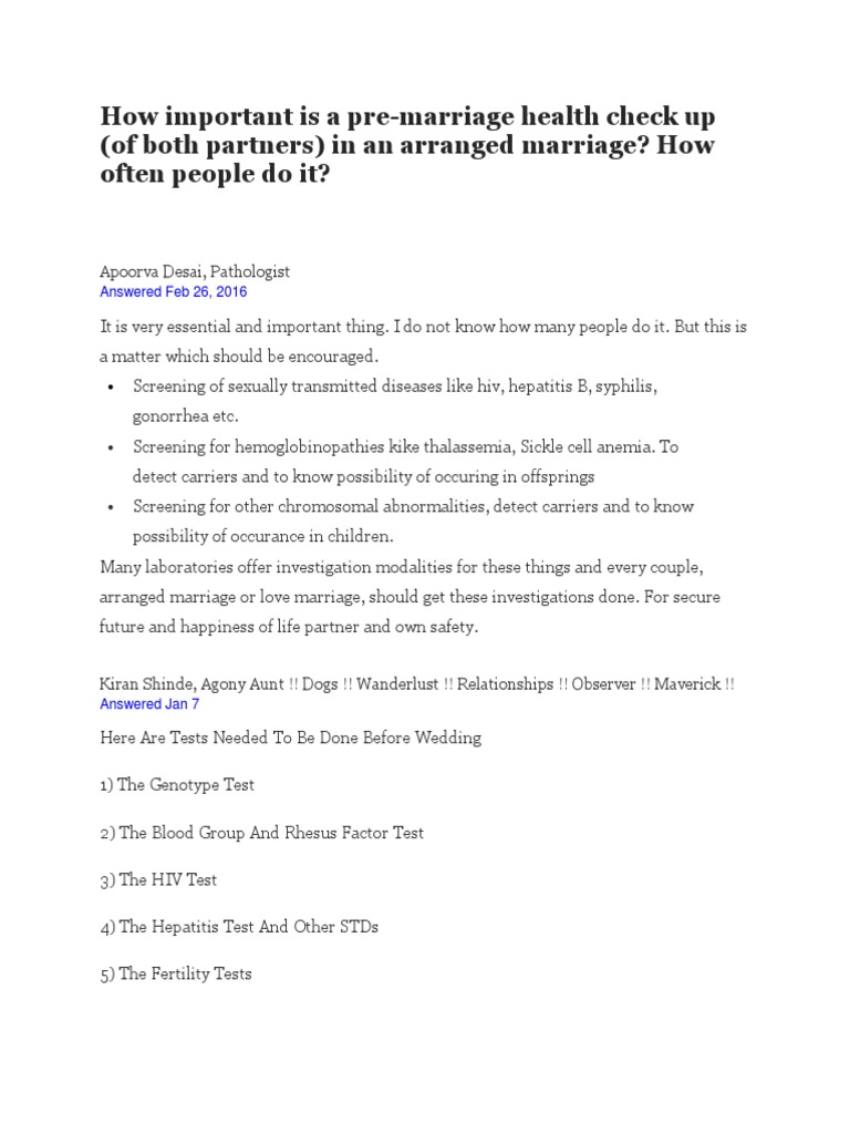 Medical Tests Before Marriage PDF Sexually Transmitted Infection