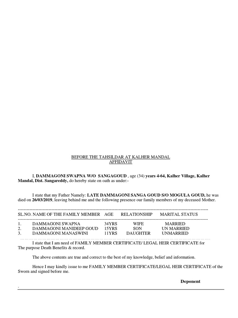 Family Member Certificate Affidavit | PDF