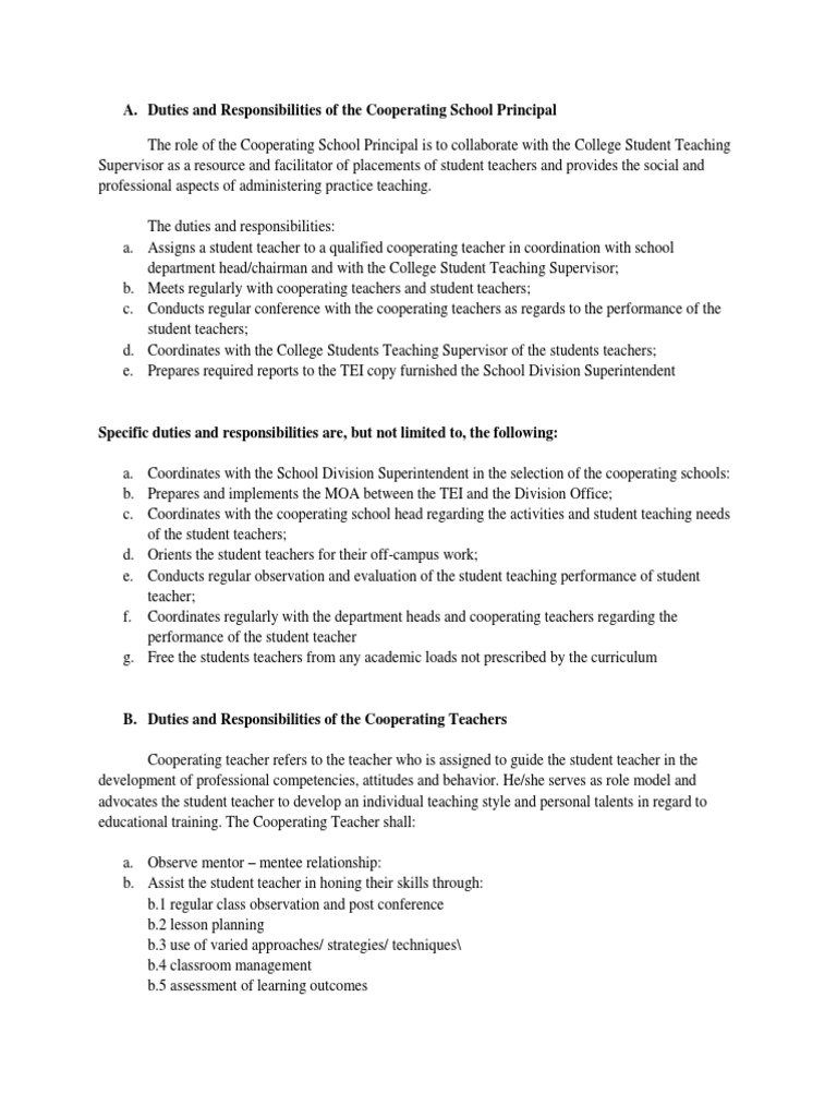 Duties And Responsibilities Of The Cooperating School Principal | Pdf |  Educational Assessment | Mentorship