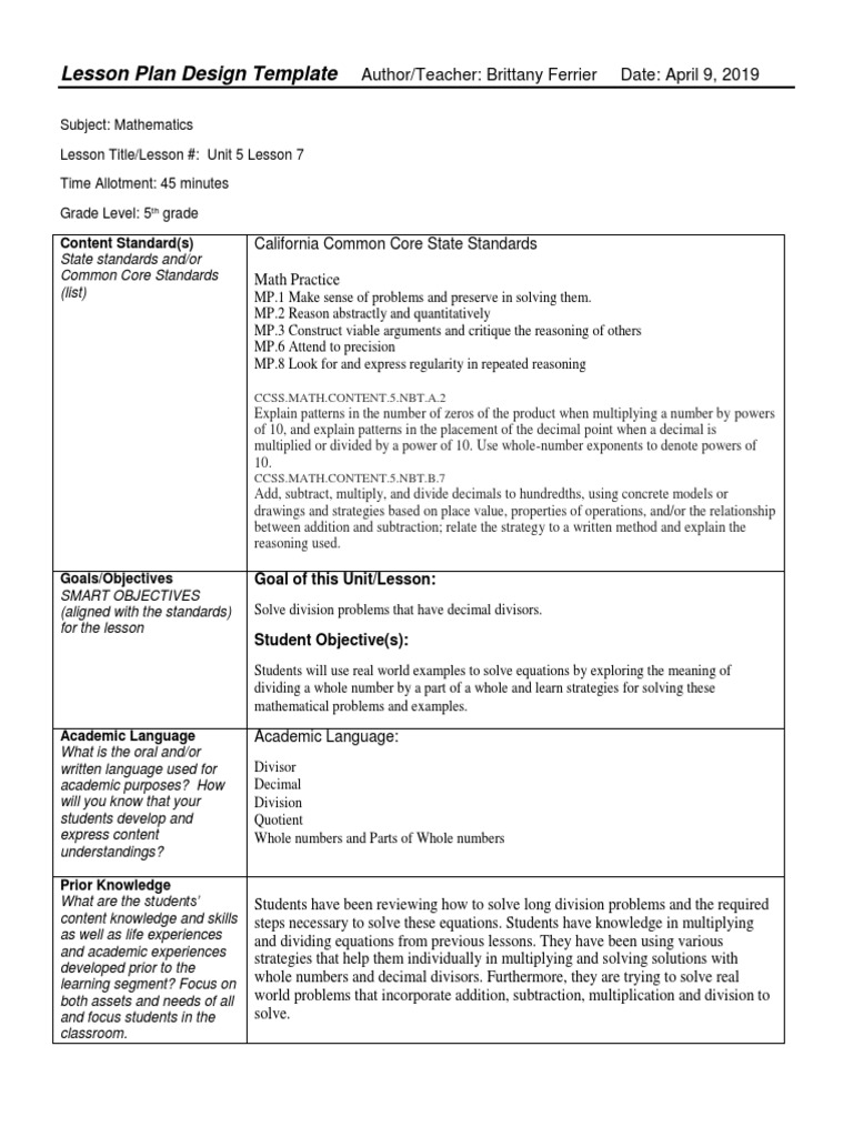 Unit 5 Lesson 7 Math 5th Grade | Download Free PDF | Division