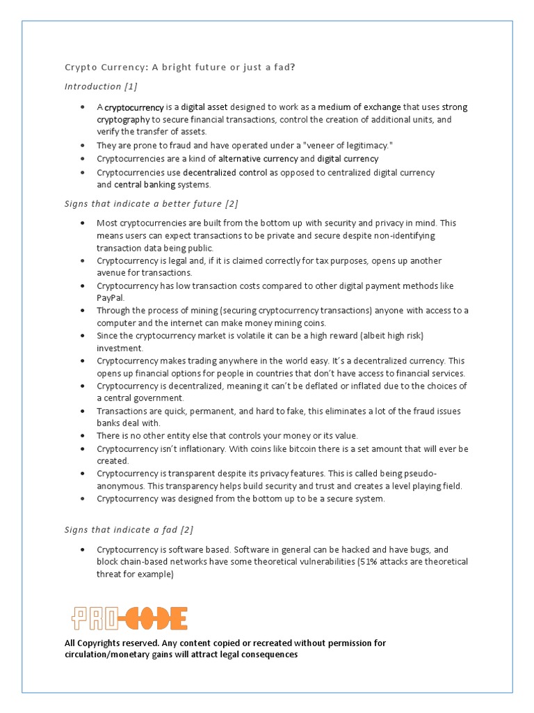 Crypto Currency: A Bright Future or Just A Fad?: Introduction | PDF |  Cryptocurrency | Money