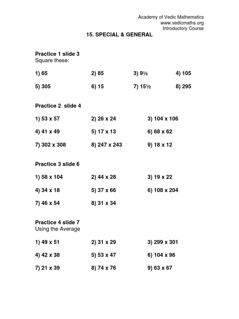 Vedic Maths Practice and Answers | PDF