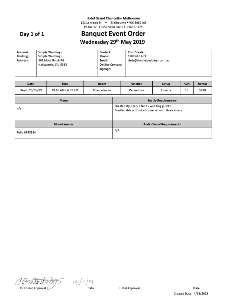Banquet Event Order for Simple Weddings | PDF