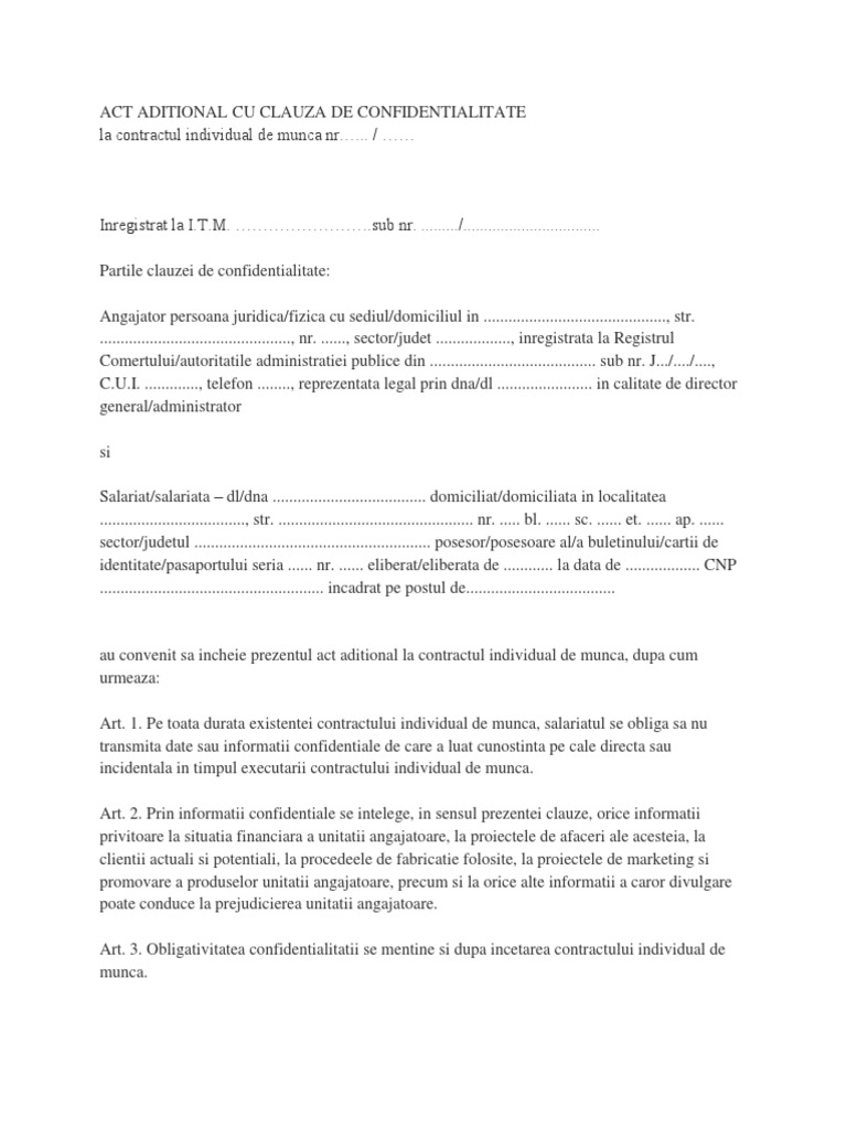 Act Aditional Cu Clauza De Confidentialitate