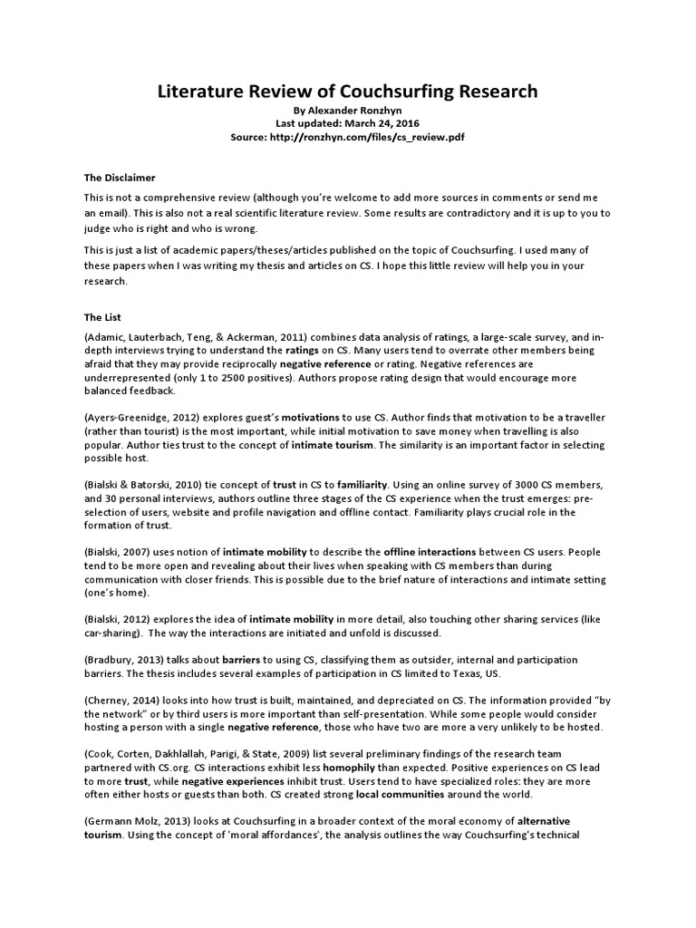 Literature Review of Couchsurfing Research by Alexander Ronzhyn Last