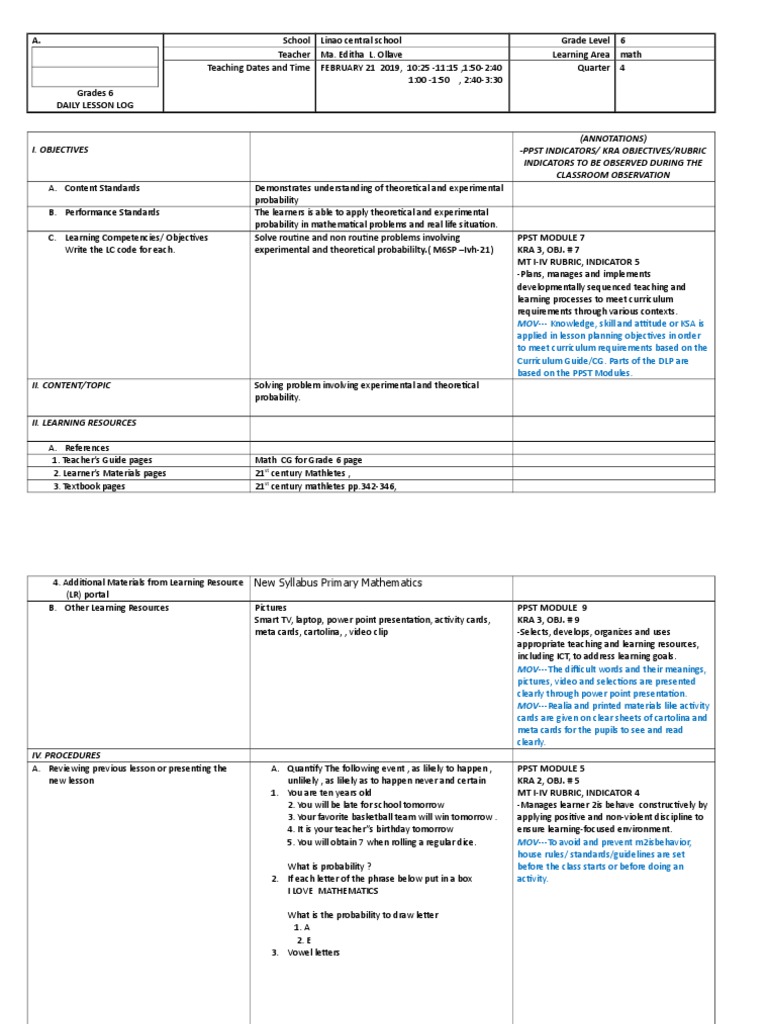 Probability Lesson Plan for Grade 6 | PDF | Curriculum | Learning