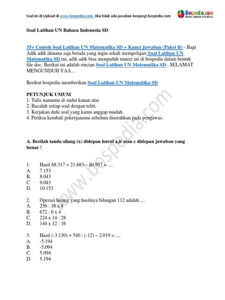35 Contoh Soal Latihan Un Matematika Sd Kunci Jawaban Paket B Docx