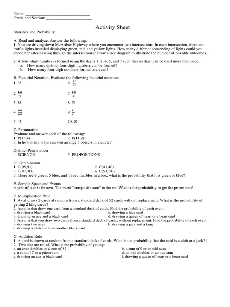 Statistics and Probability Activity Sheet | PDF | Probability | Permutation