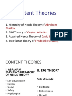 Content Theories: 1. Hierarchy of Needs Theory of 2. ERG Theory of 3. Acquired Needs Theory of 4. Two-Factor Theory of