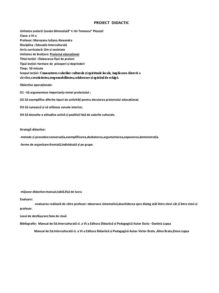 Proiect Didactic Proiectul Educational | PDF