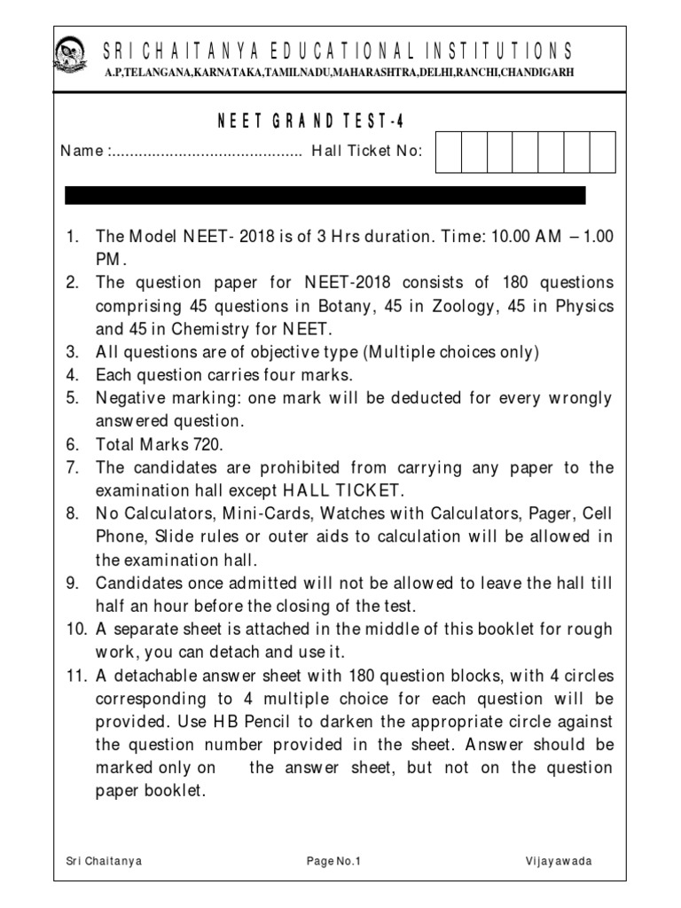 NEET Grand Test 4 Instructions & Questions | PDF | Zygosity | Genotype