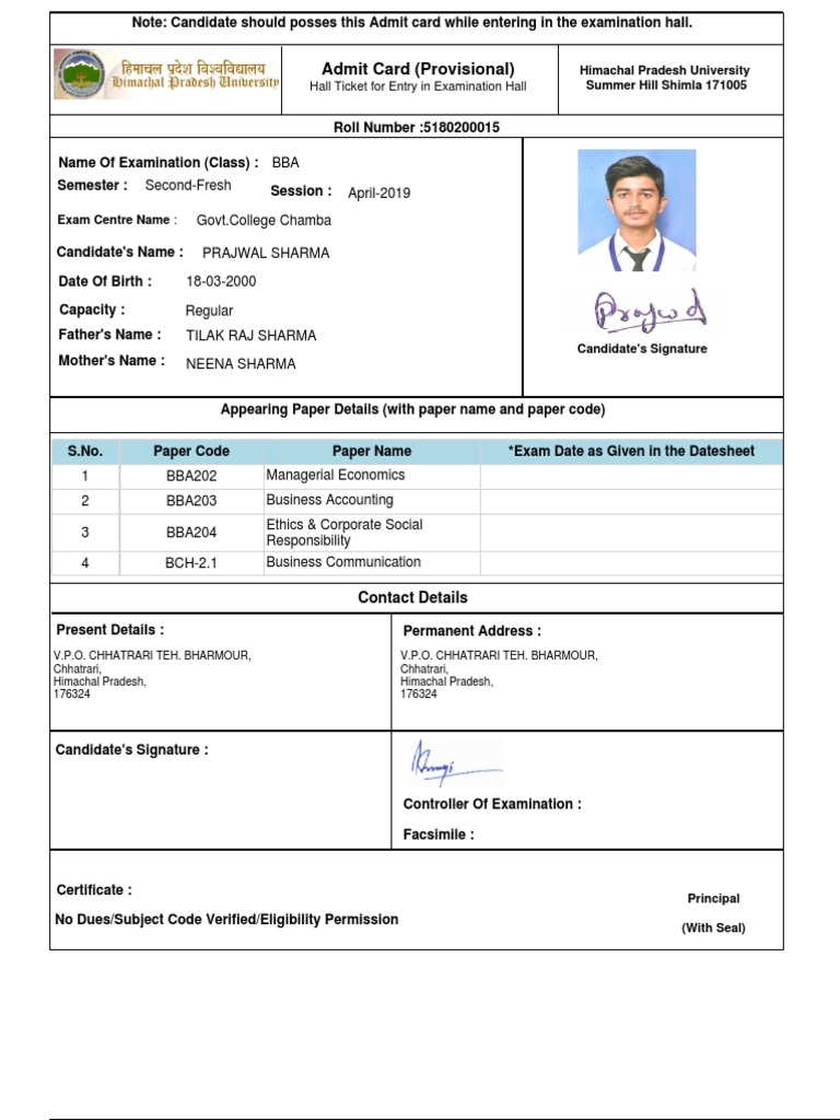 HPU BEd Entrance Exam Admit Card Sample