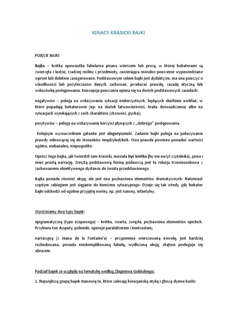 Ignacy Krasicki Bajki Z Morałem