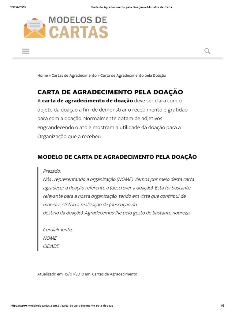 Carta de Agradecimento Pela Doação – Modelos de Carta  Business