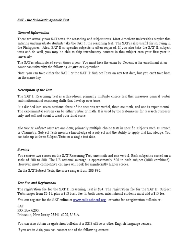 Sat The Scholastic Aptitude Test General Information Pdf Sat