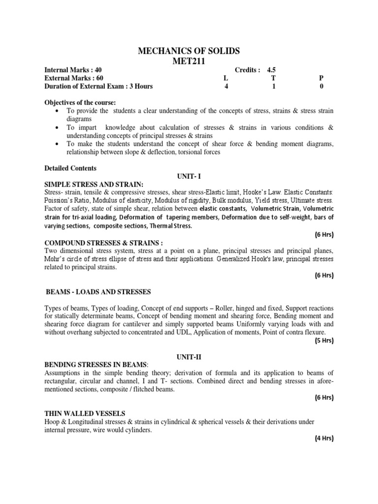 Mechanics of Solids Course Overview | PDF | Stress (Mechanics) | Bending