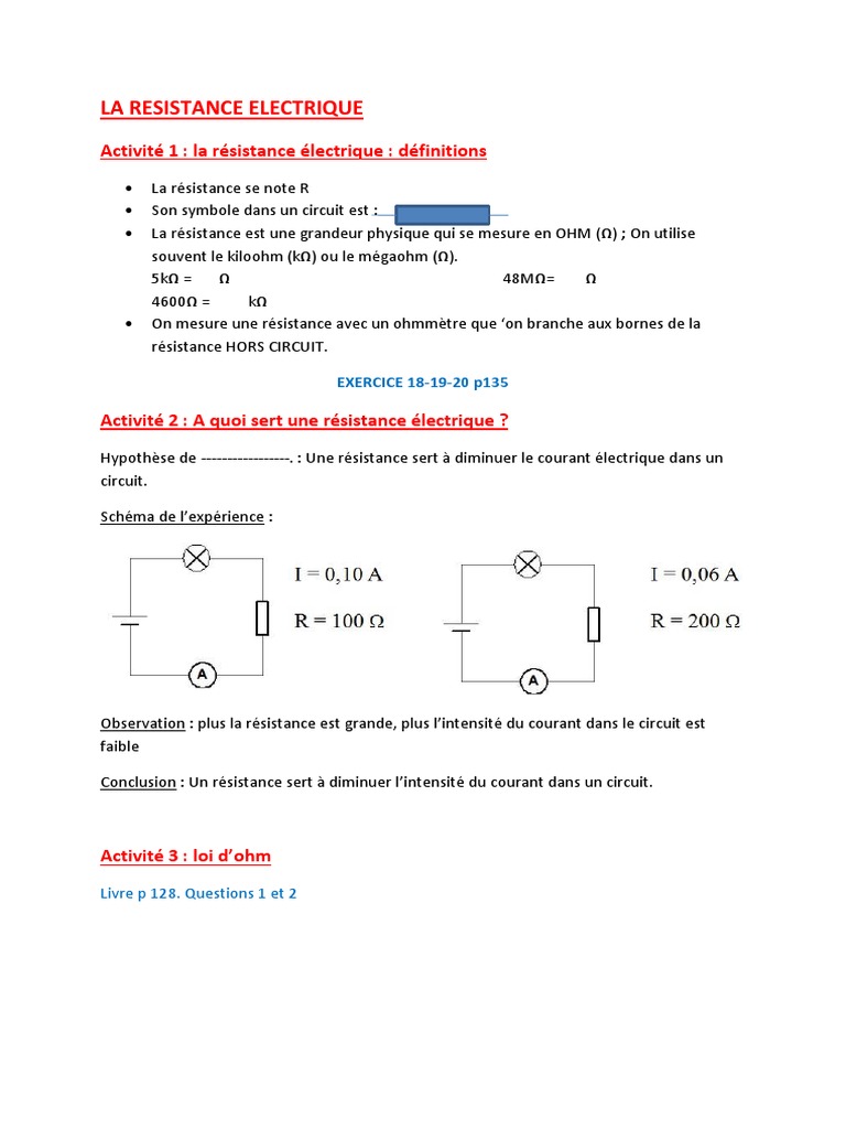 A Quoi Sert Une Resistance Dans Un Circuit Electrique La Loi D Ohm | PDF | Résistance (électricité) | Tension électrique