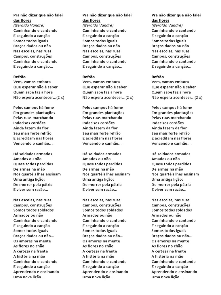 Letra Pra Não Dizer Que Não Falei Das Flores