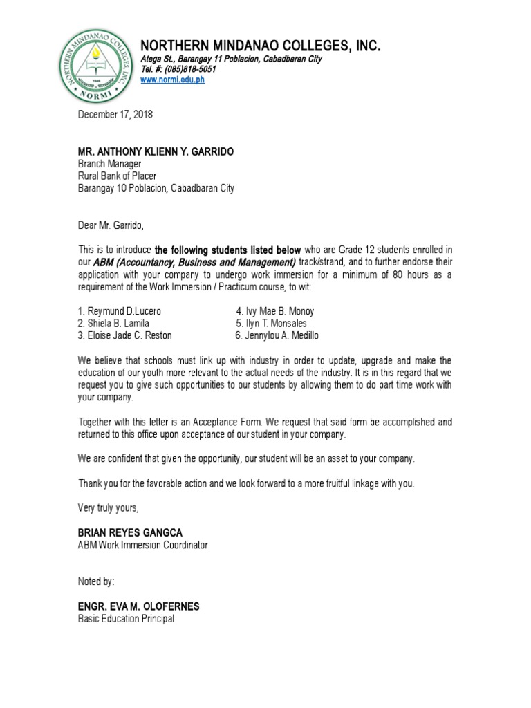 Endorsement Letter for Work Immersion | PDF