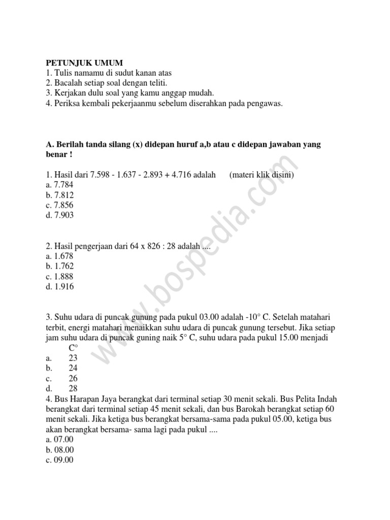 35 Contoh Soal Latihan Un Matematika Sd Kunci Jawaban Guru Galeri