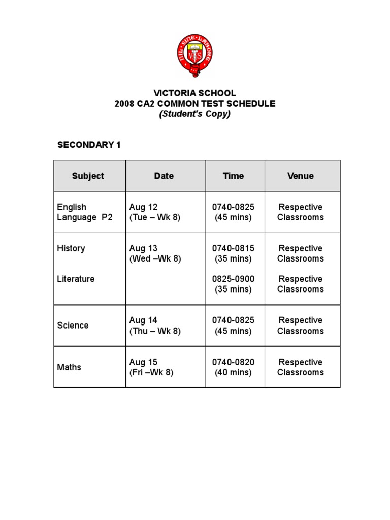 Sec 1-3 CA2 Schedule (Student Copy) | PDF