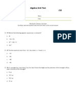 Algebra Unit Test /30: Multiple Choice Section