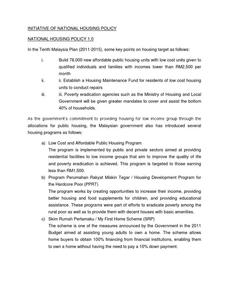 Initiative of National Housing Policy | PDF | Affordable Housing