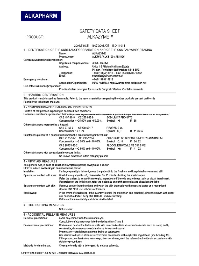 Alkazyme: Safety Data Sheet | Chemistry | Materials