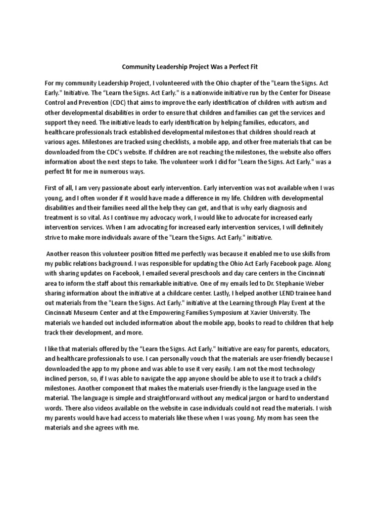 Community Leadership Project Description | PDF | Child Care | Relationships