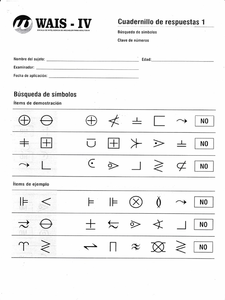 WAIS IV. Cuadernillo de Respuesta 1. Búsqueda de Símbolos y