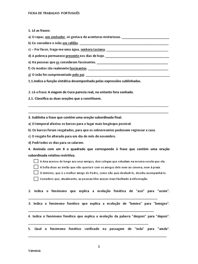 Ficha de Trabalho de Português: Sintaxe e Fonética | PDF | Linguística ...