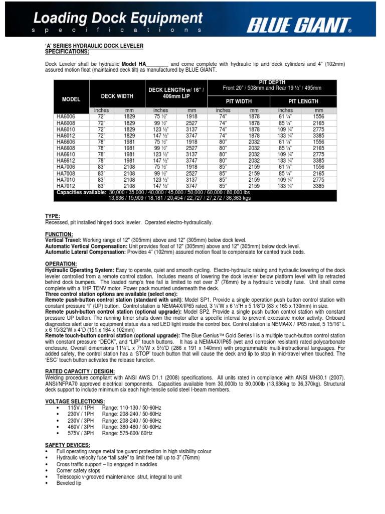 A Series Hydraulic Dock Levelers Specifications PDF Vehicles