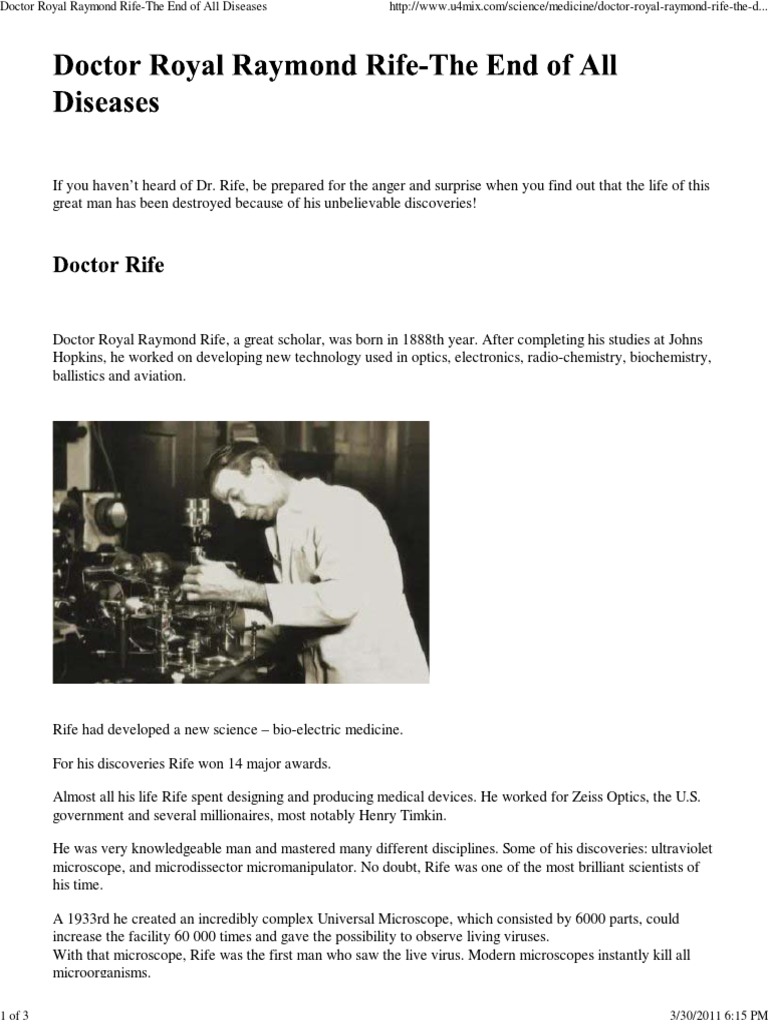 Doctor Royal Raymond Rife-The End of All Diseases | PDF | Therapy ...
