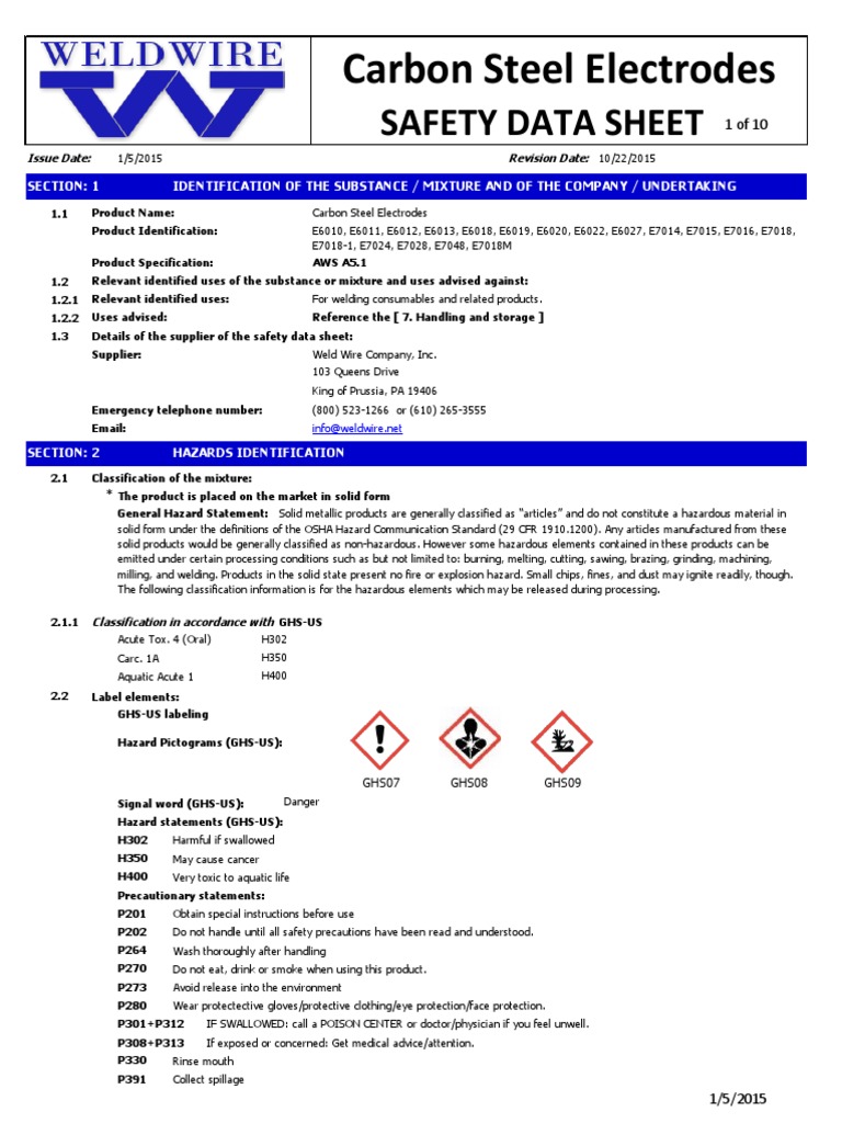 Carbon Steel Electrodes Safety Data Sheet PDF Magnesium Welding