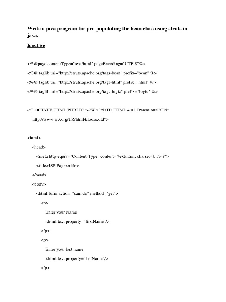 Write A Java Program For PrePopulating The Bean Class Using Struts in