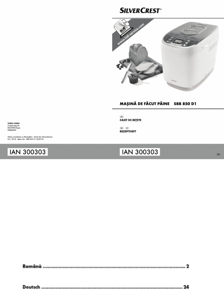 Caiet de Retete Pentru Masina de Facut Paine SBB 850 d1 PDF | PDF