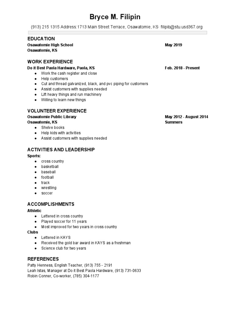 Bryce M. Filipin's Resume Overview | PDF