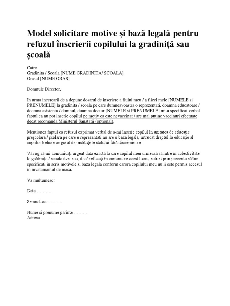 Model Solicitare Motive Și Bază Legală Pentru Refuzul Înscrierii ...
